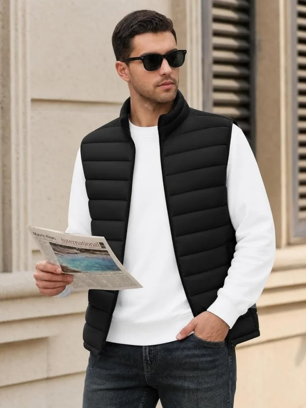 Men's Sleeveless Puffer Vest Jacket, Warm Outerwear with 4 Pockets, Stylish
